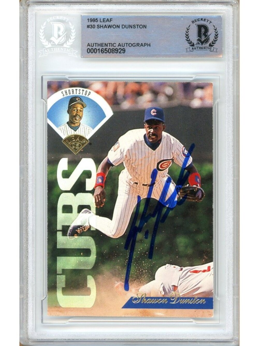 Shawon Dunston Signed 1995 Leaf #30 Chicago Cubs Beckett BAS Slab Auto MLB Card